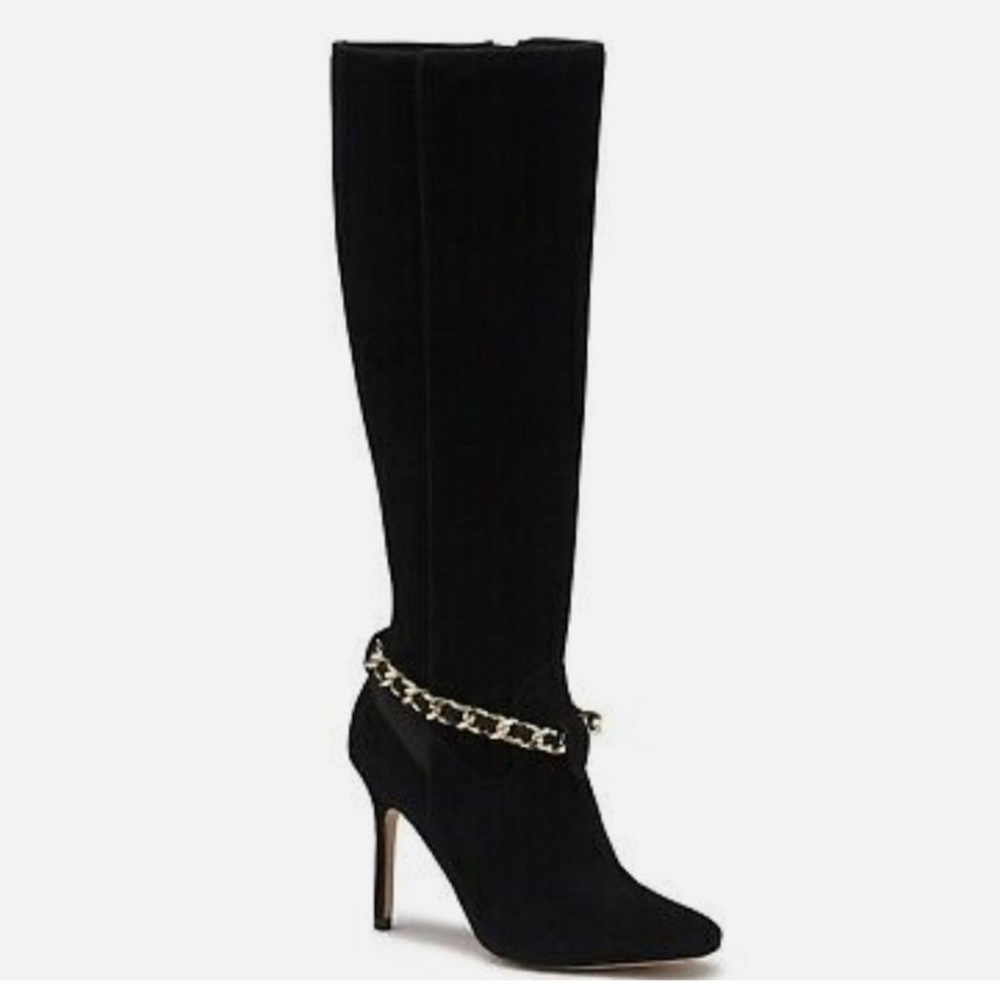 Karl Lagerfeld Maryam Black Suede Chain Trim High Heel Boots Size 7/ 37.5